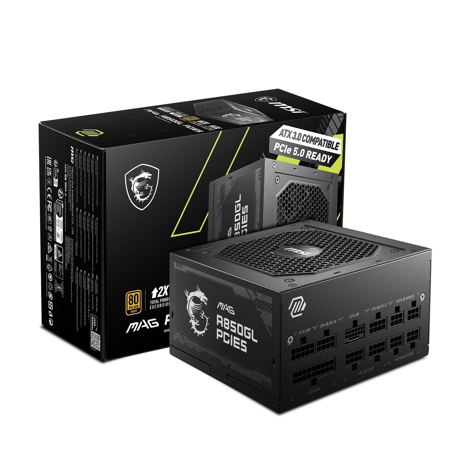 71xX3-cWg7L MSI MAG A850GL PCIE5, Fully Modular Compact Gaming 850W Power Supply, 80+ Gold, ATX 3.1 & PCIe 5.1 Ready, Native Dual-Color 12V-2x6 Cable, 10 Year Warranty - الصورة 1