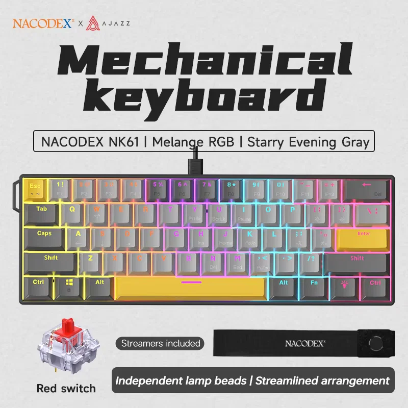 800_6942bf8d82ff5.png Ajazz NK61-Red Switch-OEM Black-Gray-Yellow--RGB-DIY-Wired - الصورة 1