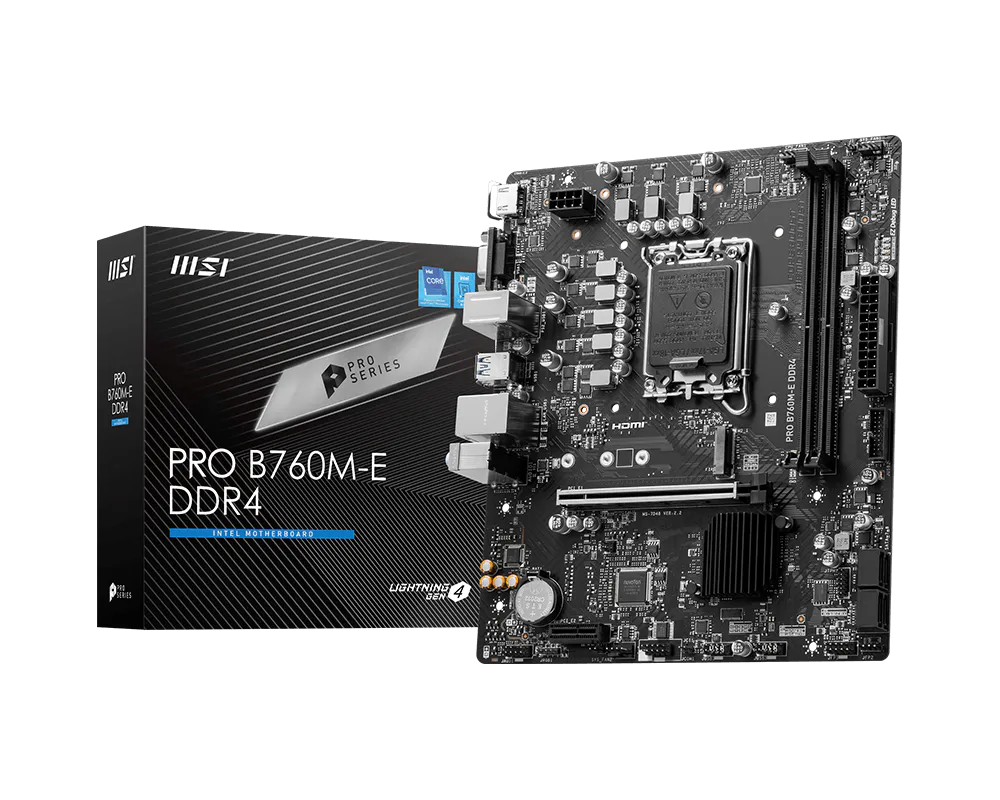 product_1672736801349ca87e1c2655f69918ed4c932c4820 MSI PRO B760M-E DDR4 ProSeries LGA 1700, DDR4, PCIe 4.0, M.2, Gigabit LAN, USB 3.2 Gen2, mATX Motherboard - الصورة 1
